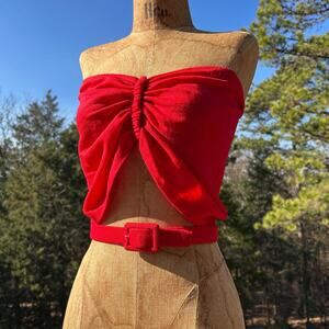 Vintage 50s Bright Red Ruched Gathered Bandeaux Top + Matching Belt L